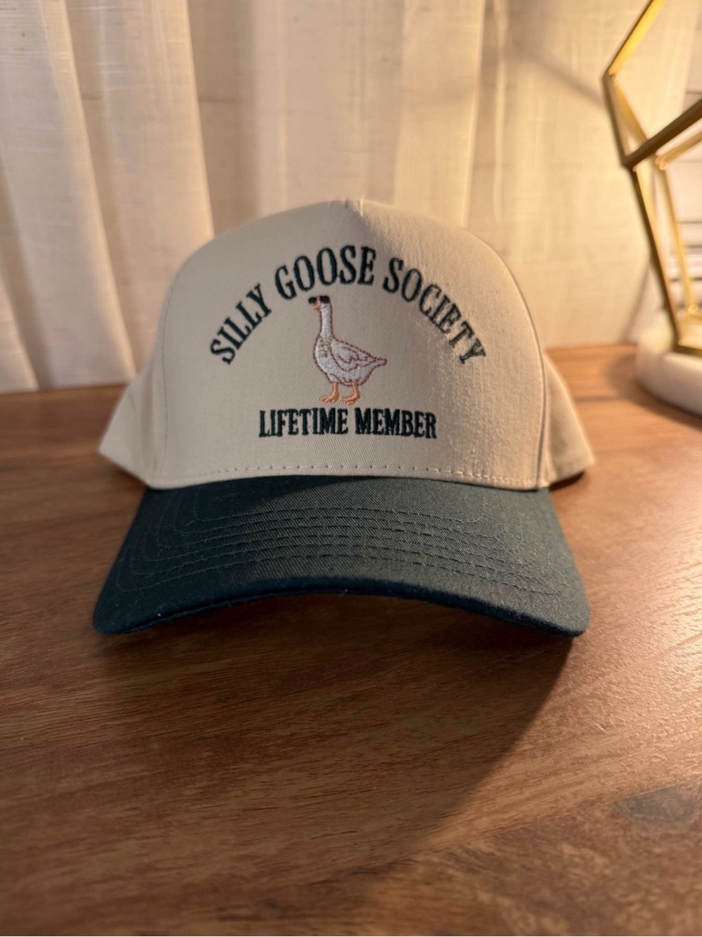 The Happiest “Silly Goose Society” Two-Tone Baseball Cap - Cream and Dark Green
